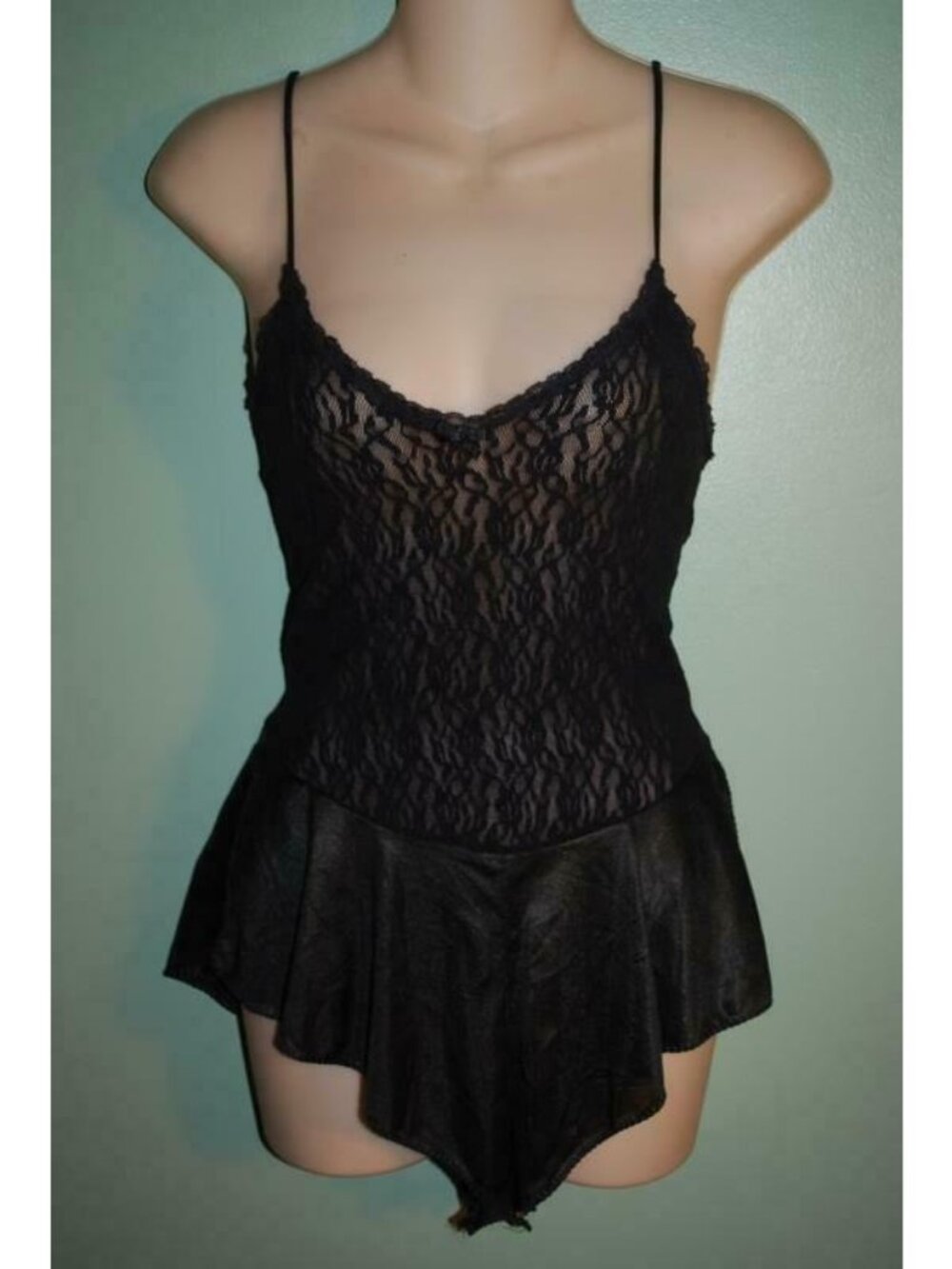 Vintage Interludes TEDDY Romper Black Lace Satiny Panty Drop Waist Small USA